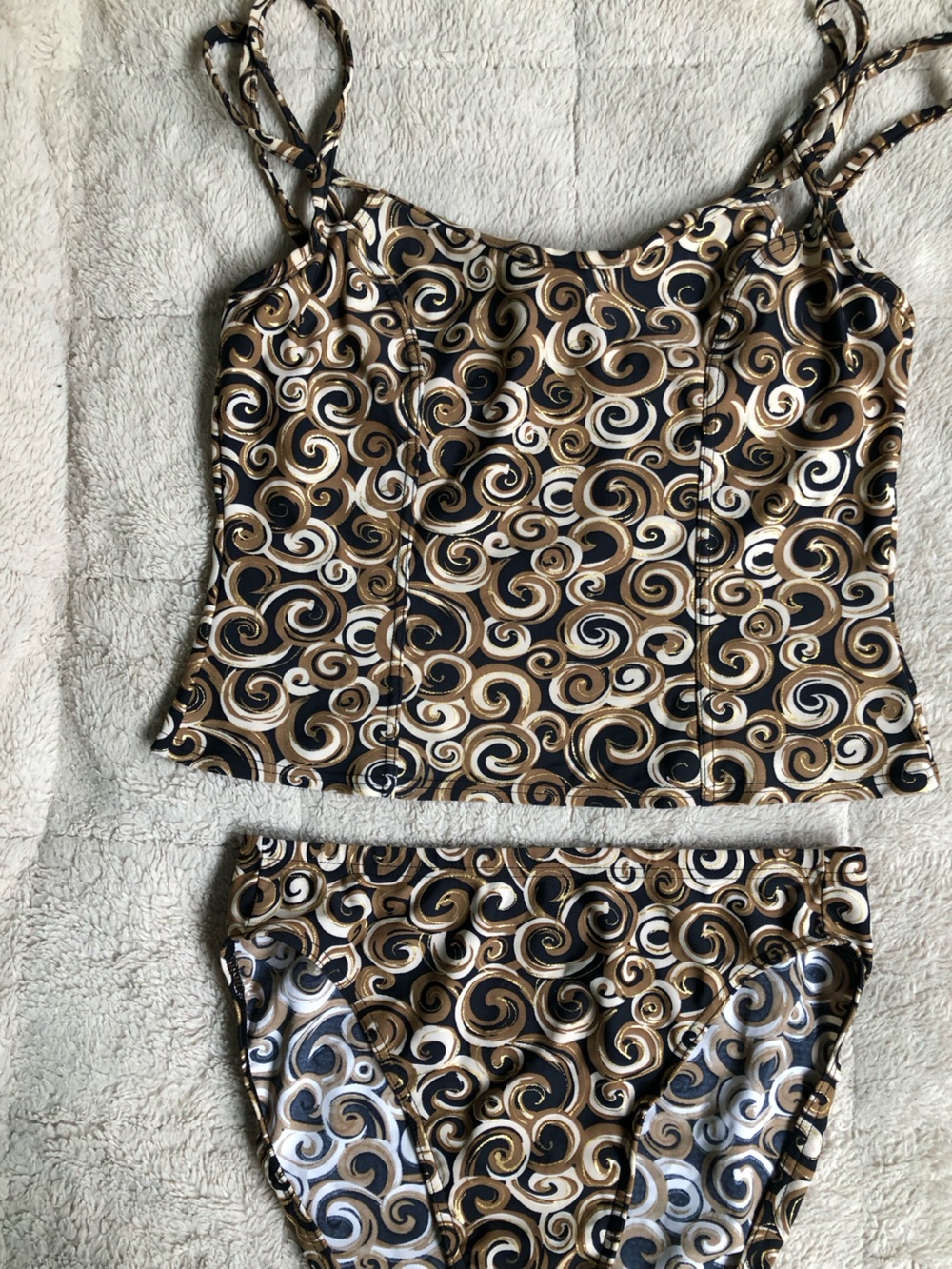 90s Y2K Swirl Print Retro Two-Piece Tankini Swim Set in Black, Gold & White - Picture 4 of 14
